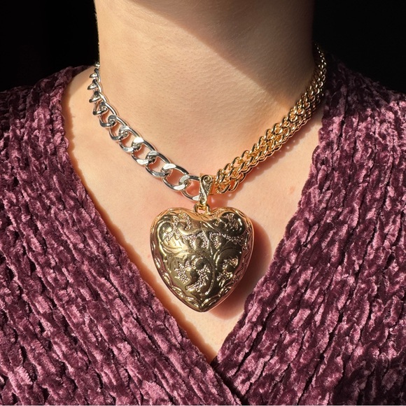 Tellulah Jewelry - Puffy Heart Necklace Thick Gold & Silver Chain